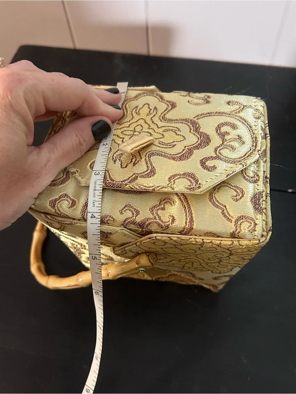Asian Brocade Vanity Box Bamboo Handle Mirror Jewelry Sewing Trinket Box
